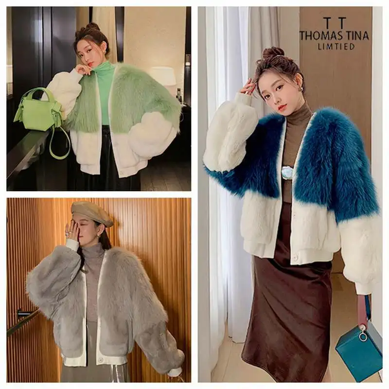 

Thomas Tina Oringinal real fur silhouette coat "sweet heart"contrast jacket fox combine rex rabbit fur women overcoat for winter