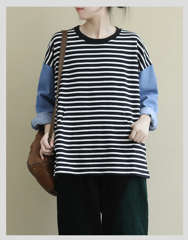 Autumn Loose Leisure Striped O-neck Pockets Plus Size T-shirt New Fashion Patchwork All-match Women Tops T-shirts