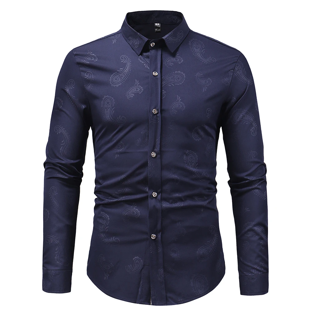 Dark Blue Индийский стиль, мужские рубашки, модная блузка с принтом пейсли, мужские топы с длинным рукавом, отложной крой, свободная одежда европейского размера, осенняя одежда - Цвет: Dark Blue