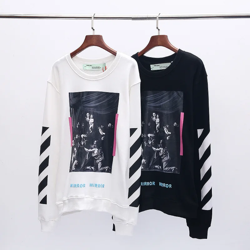 19SS OFF-WHITE OW религиозная теплопередача квадратная фиолетовая ленточная Печать Круглый вырез пуловер Толстовка Джемпер