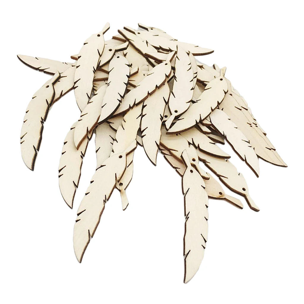 50 Pieces Blank Unfinished Wood Feather Wooden Shapes Embellishment with Hole for DIY Gift Tags Crafts