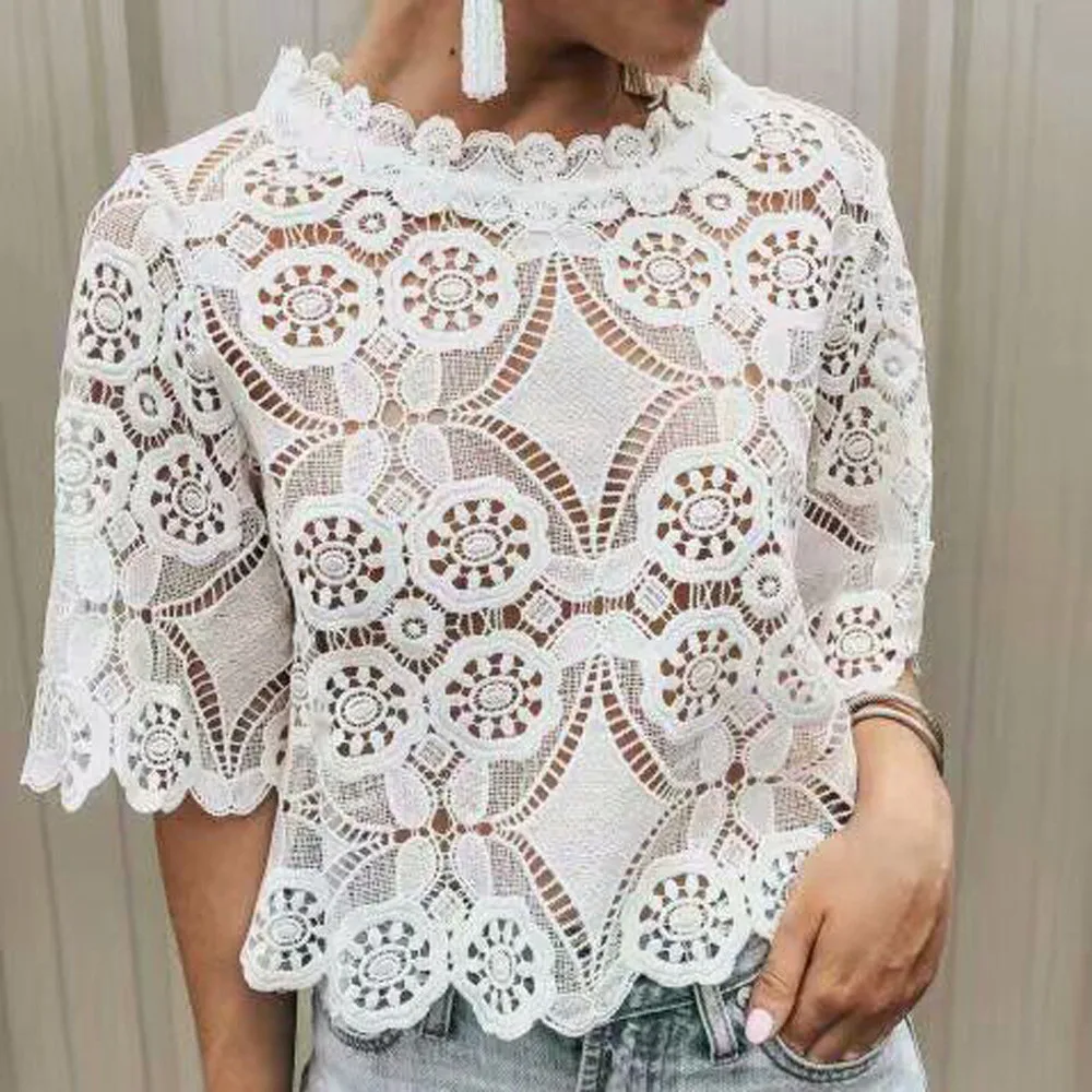 

O-Neck White Womens Blouse Vintage Hollow Out Flower Female Ladies Tops Casual Lace Short Sleeve Blouse Shirts Blusas Mujer #3