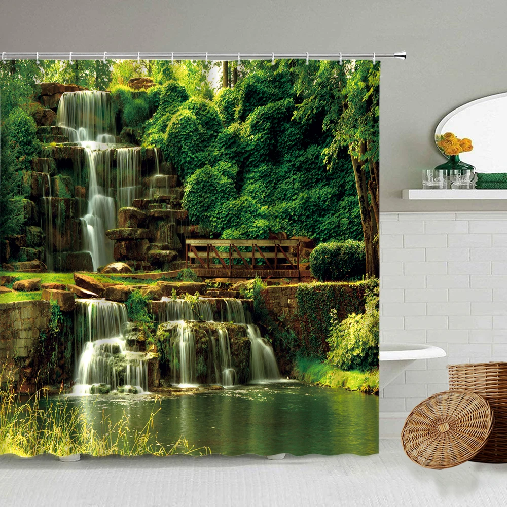 

Waterfall Forest Green Plant Natural Landscape Shower Curtain Bathroom Accessories Stone Rock Park Attractions Waterproof Screen