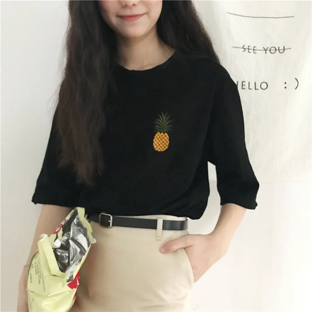 Зимняя футболка с изображением ананаса, вышивка, круглый вырез, свободные топы, футболка, Женская Повседневная футболка с коротким рукавом, camiseta mujer