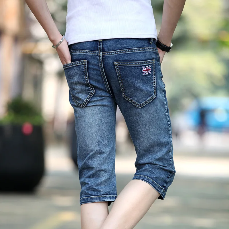 Summer 2021 MEN FASHION Casual Clothes For Teenagers Slim Denim Blue Flag Cropped Jeans Men\'s Breeches Denim Calf Length Pants