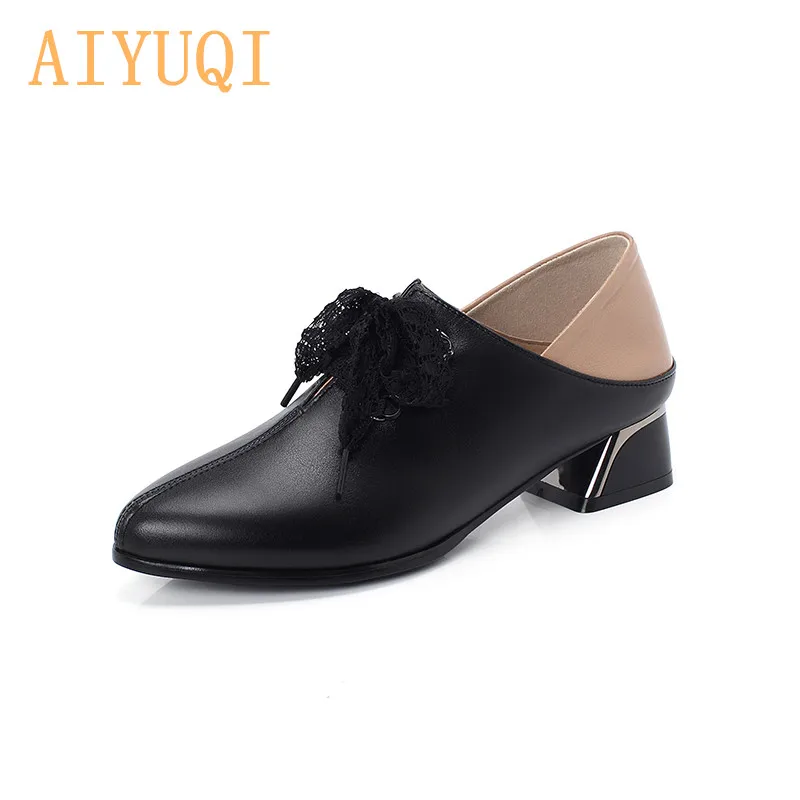 Cowhide Mixed AIYUQI обувь последних моделей; Новинка года; женские модельные туфли из натуральной кожи на среднем каблуке; разноцветные женские офисные туфли; большие размеры - Цвет: Cowhide Mixed