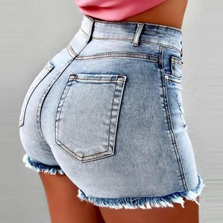 Light Blue Женские джинсовые шорты для подтяжки бедер, сексуальные короткие штаны с кисточками, высокая талия, вареные джинсы, черный/серый/темно-синий/светильник, синий - Цвет: Light Blue