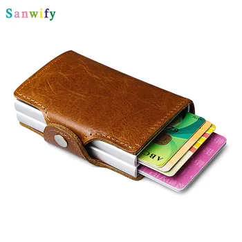 

Men Double Aluminum 100% Genuine Leather Mini Wallet Credit Card Holder Metal Wallet Automatic Pop Up Purse Id Cardholder