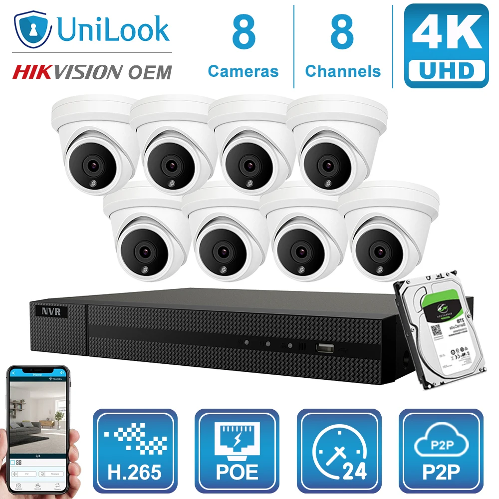 UniLook 8CH 4/6/8 шт 8 Мп купольная POE ip камера NVR комплекты системы безопасности ночное