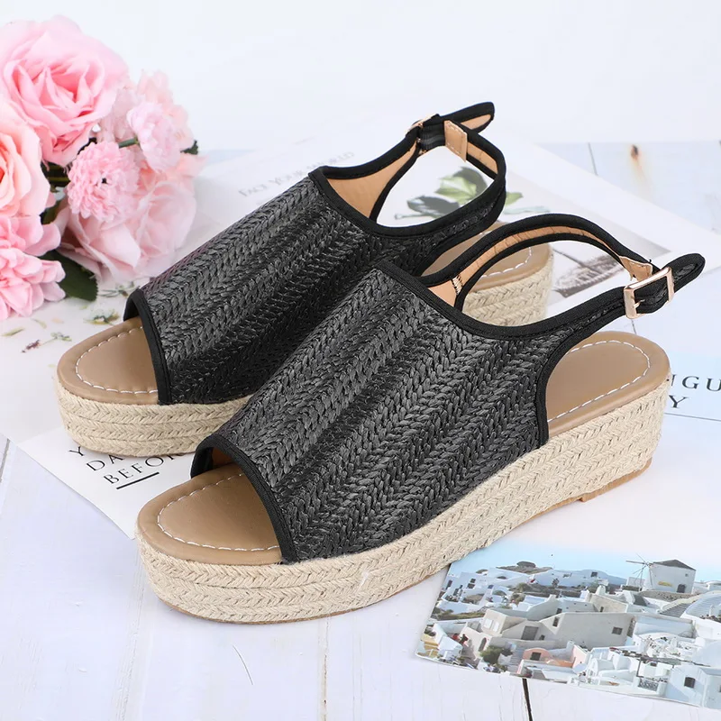 Sandalias mujer; коллекция года; летние женские пеньковые сандалии; женская пляжная обувь с вышивкой; обувь на платформе с открытым носком; сандалии с застежкой
