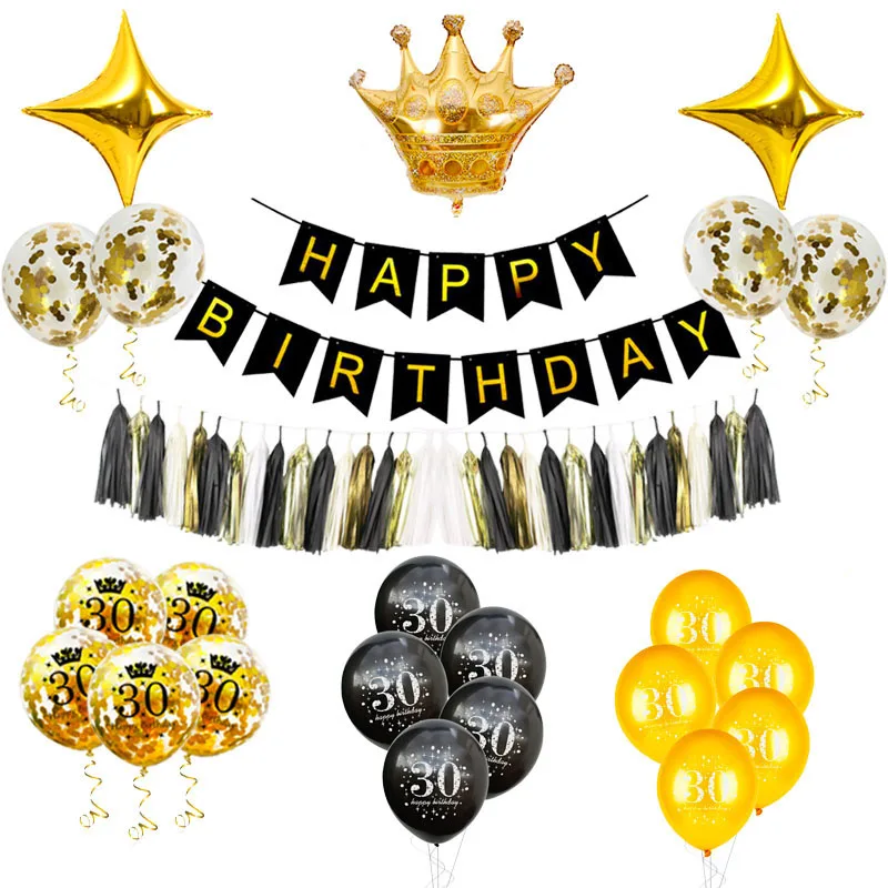 30th 40th 50th 60th Черное золото украшения Одноразовые Партии Посуда Набор «С Днем Рождения» Вечерние Декорации для взрослых юбилей Вечерние - Цвет: 30 balloon set A