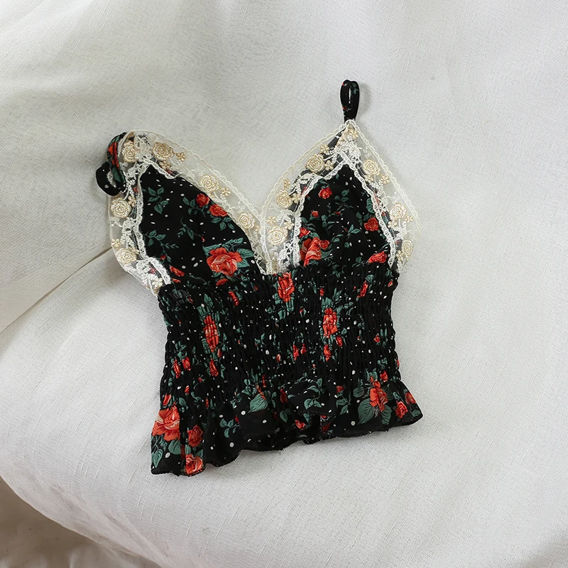 black tops Базовая футболка с цветочным принтом, женская тонкая майка с открытыми плечами, топы, футболки, пляжная одежда, женские майки без рукавов, кружевные вязаные топы - Цвет: black tops