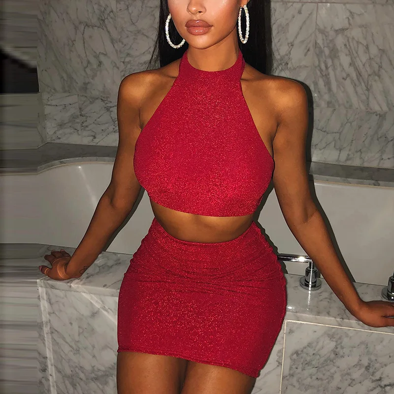 2021 Sexy 2 Piece Set Glitter Halter Backless Party Two Piece Set Crop Top Mini Skirts Hanging Neck Short Women Summer Outfits