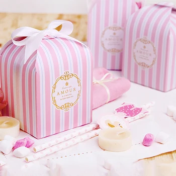 

5pcs/lot Grey/Blue/Pink Stripes Candy Box With Ribbons For Wedding Party Favors And Gifts Bag For Guest Birthday Party Decor