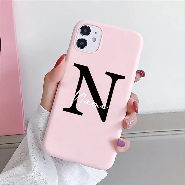Flowers Diy For iphone 11 12 13 Pro Mini Phone Case Custom Capital Letters Name For X XS Max XR 7 8 Plus SE New Silicone Cover pink diy name Hei