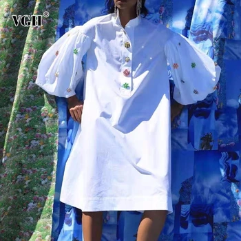 

VGH Casual White Dress For Women Stand Collar Three Quarter Puff Sleeeve Hit Color Button Dresses Female Fashion New 2020