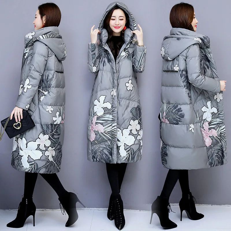 

2019 Winter New Style Cotton-padded Jacket Ethnic-Style WOMEN'S Dress Printed Cotton Coat Winter over-the-Knee Mid-length Slimmi