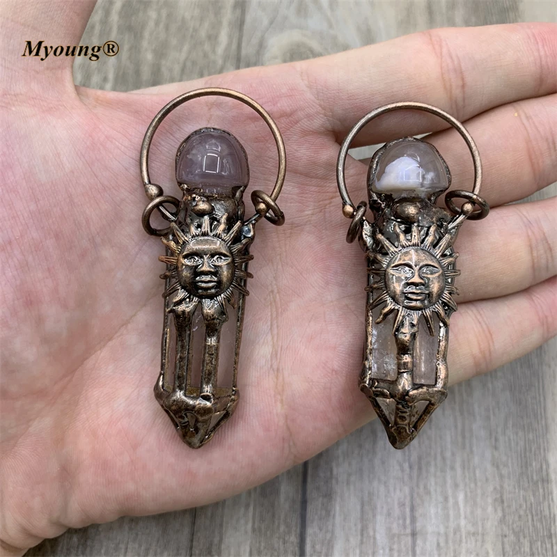 Handmade Hexagonal Column Crystal Quartz Sun Vintage Pendant,Cherry Agates Cap Stone Charm Bohemia Jewelry Accessories MY210654