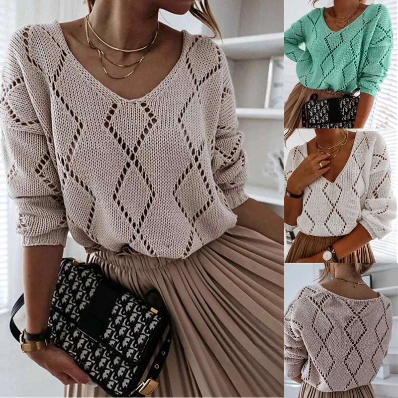 

Women Sweater Hollow Knitted Mohair Pullover Blouse Oversized Sweaters Female Solid Long Sleeve Loose Sweaters Women Top