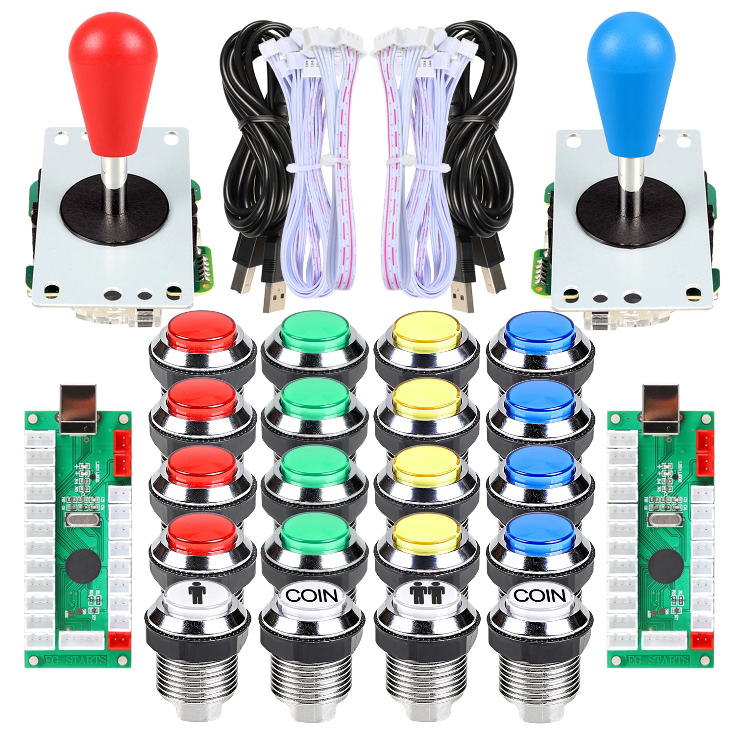 2 Player Ellipse Arcade Kit Oval Bat Joystick Handles LED Chrome Arcade Buttons for Arcade Standard Controller DIY Games MAME