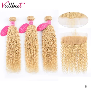 

Vallbest 613 Blonde Lace Frontal With Bundles Human Hair Brazilian Water Wave Bundles With Frontal 130% Density Baby Hair Remy