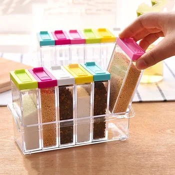

6pcs Dustproof And Durable Seasoning Rack Detachable Salt Pepper Shaker Spice Storage Box Kitchen Tool Accessories
