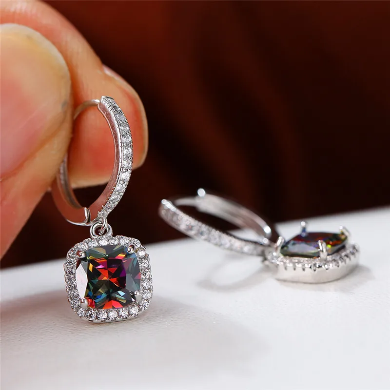 Dainty Female Rainbow Crystal Drop Earrings Rose Gold Silver Color Hoop Earrings Charm Bridal Square Wedding Earrings For Women