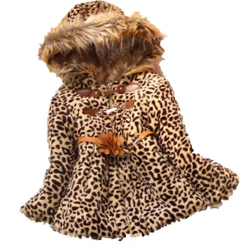 

autumn Winter Children Leopard Fur Collar Coat Baby Girl CottonThicken Outerwear Hoodies Warm Jacket