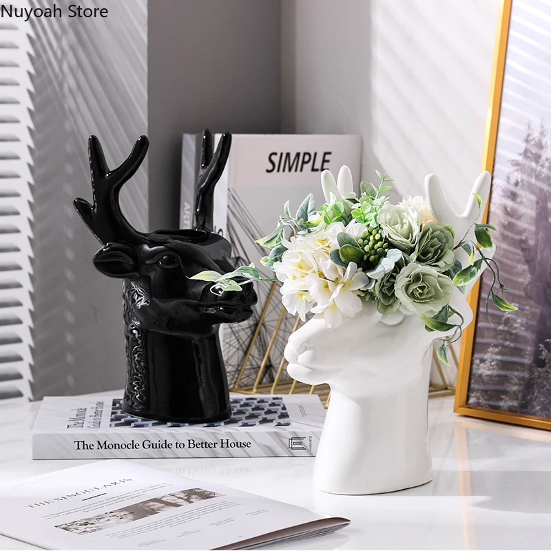 

European-style Simple Deer Head Ornaments Creative Ceramic Vase Decoration Home Dried Flowers Flower Arrangement Accessories