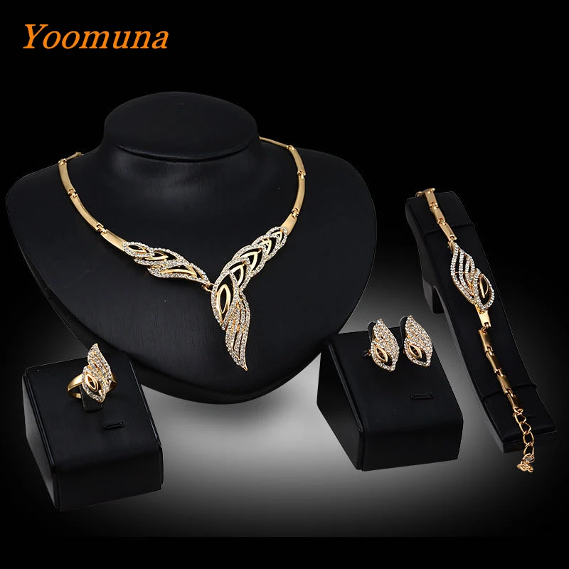 2020 New Nigerian jewelry sets Rhinestone Choker Necklace Bracelet Ring Earrings Set Dubai Gold Jewelry Sets For Women | Украшения и