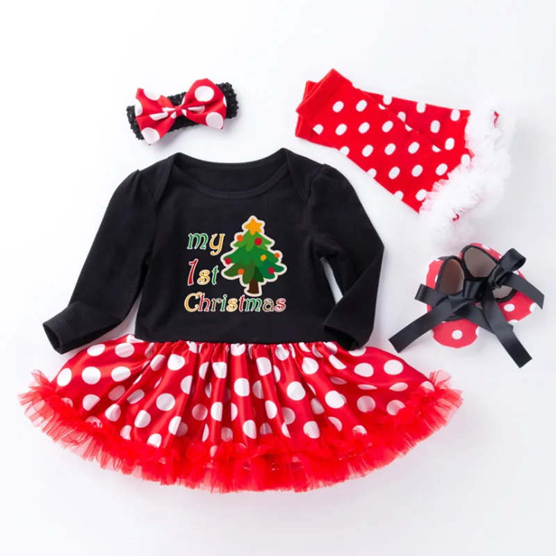 Платье для новорожденных девочек красная одежда в горошек с надписью «my first christmas», Рождественская шапка Санты, платье-пачка с повязкой на голову, комплекты одежды для малышей в полоску