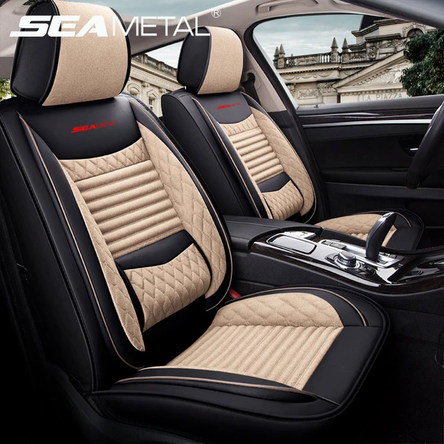 SEAMETAL Auto Sitzbezüge Universal Flachs Abdeckung Leder Sitz Covers  Schutz Marke Luxus Design Mit Vordersitz Rückenlehne Kissen - AliExpress