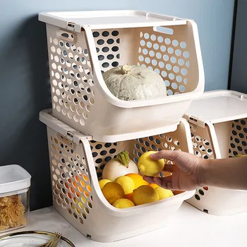 

Thickening Multi-Function Home Storage Basket Kitchen Plastic Square Lattice Box Stackable Fruit Vegetable Basket Storage Shelf