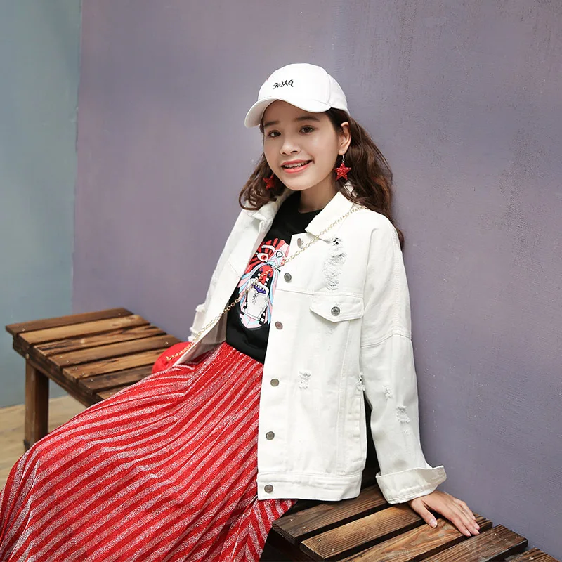 

2018 Spring Korean-style New Style Black And White Loose-Fit Jeans Coat Rainbow with Holes Embroidered Tops Women's