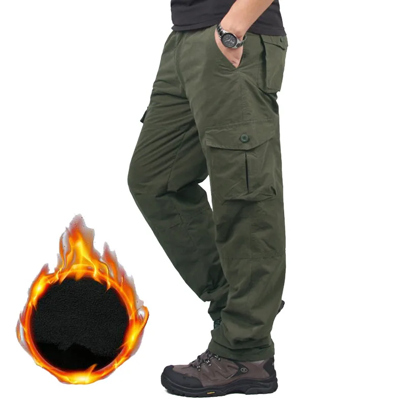 Зимние теплые брюки карго мужские двухслойные хлопковые спортивные брюки толстые плюс бархатные флисовые брюки военные армейские тактические мешковатые брюки
