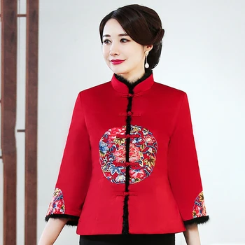 

Winter Thicken Women Tops Vintage Button Oversize 3XL 4XL Tang Coat Classic Flare Sleeve Embroidery Flower Blouse Shirt