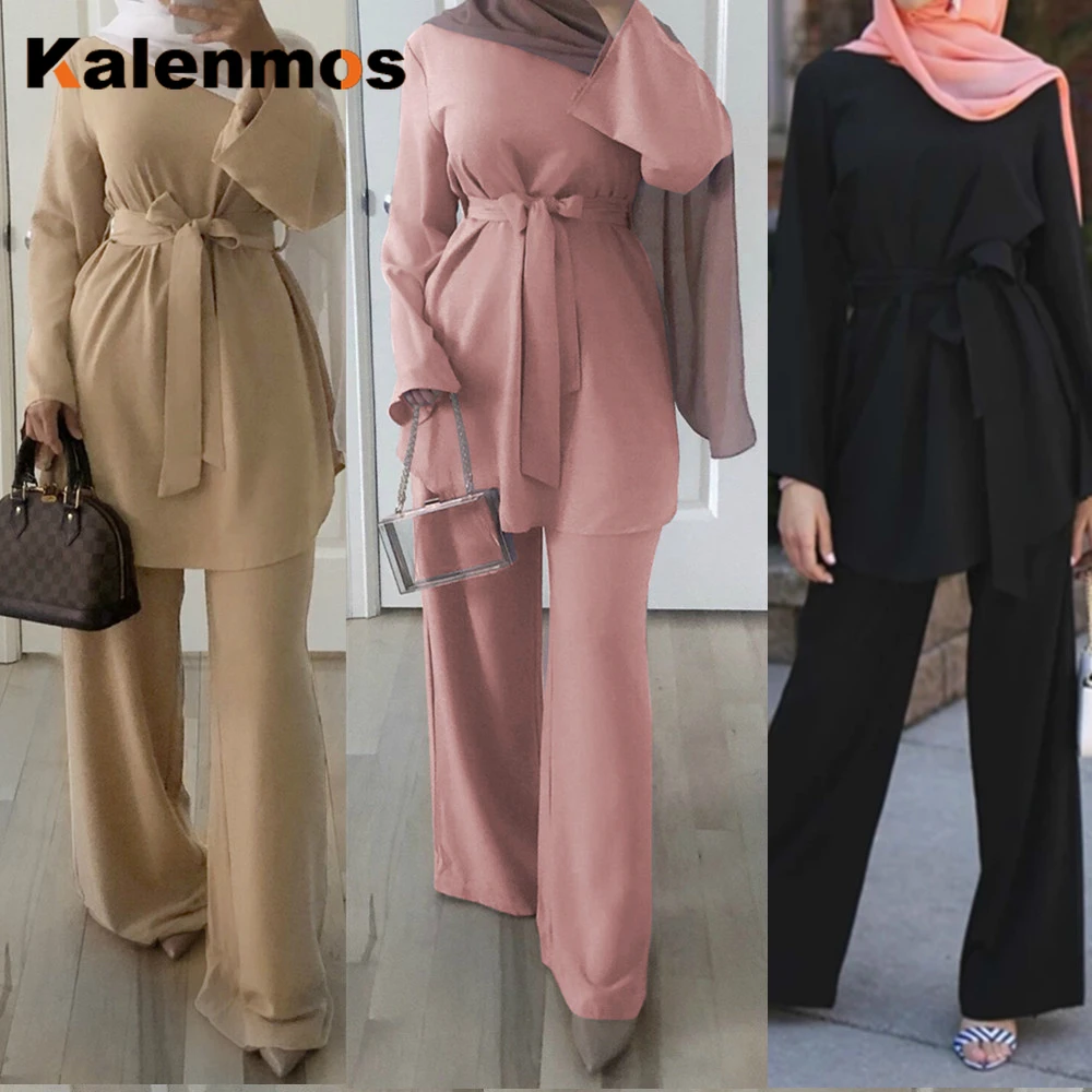 Ramadan Eid Muslim Dress Women 2pecs Set Blouse Wide Leg Pants Dubai Abaya Lace-up Solid Ropa Kaftan UAE Islamic Turkey African Ramadan Eid Muslim Dress Women 2pecs Set Blouse Wide Leg Pants Dubai Abaya Lace-up Solid Ropa Kaftan UAE Islamic Turkey African
