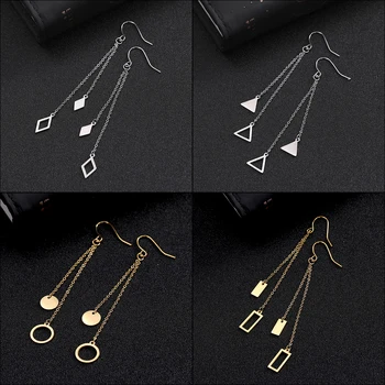 

Teamer Fashion Stainless Steel Earrings Women's Long Chain Hook Drop Earrings Round Triangle Rectangle Geometric Jewelry