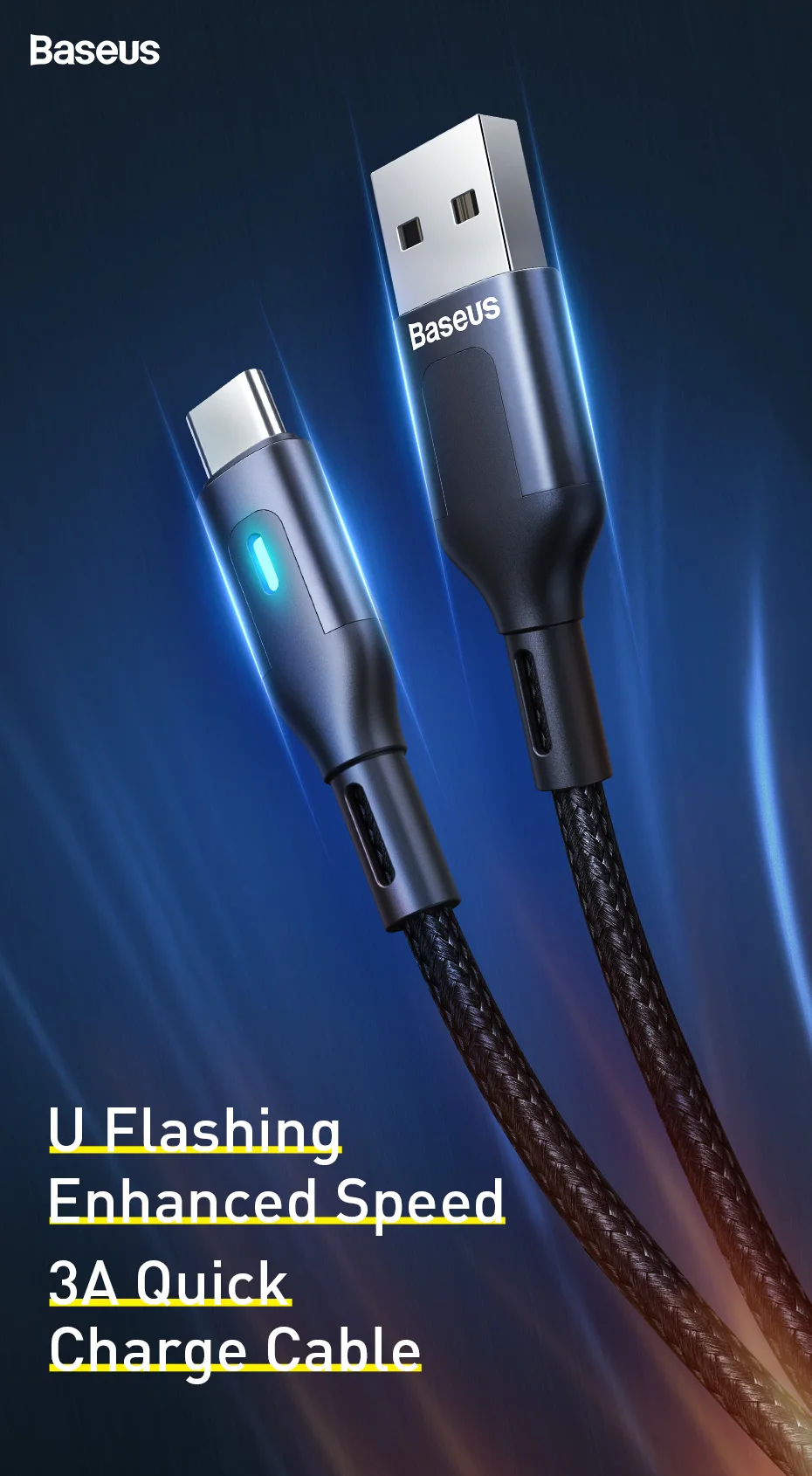 Кабель usb type C Baseus для samsung S9 S10 Quick Charge 3,0 type C светодиодный кабель быстрой зарядки для huawei P30 Pro USB-C шнур зарядного устройства