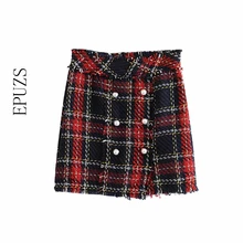 Винтажные твидовые юбки с бахромой и жемчугом, женские мини юбки, повседневные клетчатые юбки трапециевидной формы на молнии сзади с кисточками, весна, Faldas Mujer