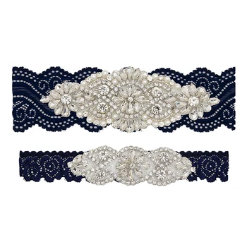 

Wedding Bridal Garter Stretch Lace Bridal Garter Sets with Rhinestones Clear Crystal Pearl for Wedding ys850853