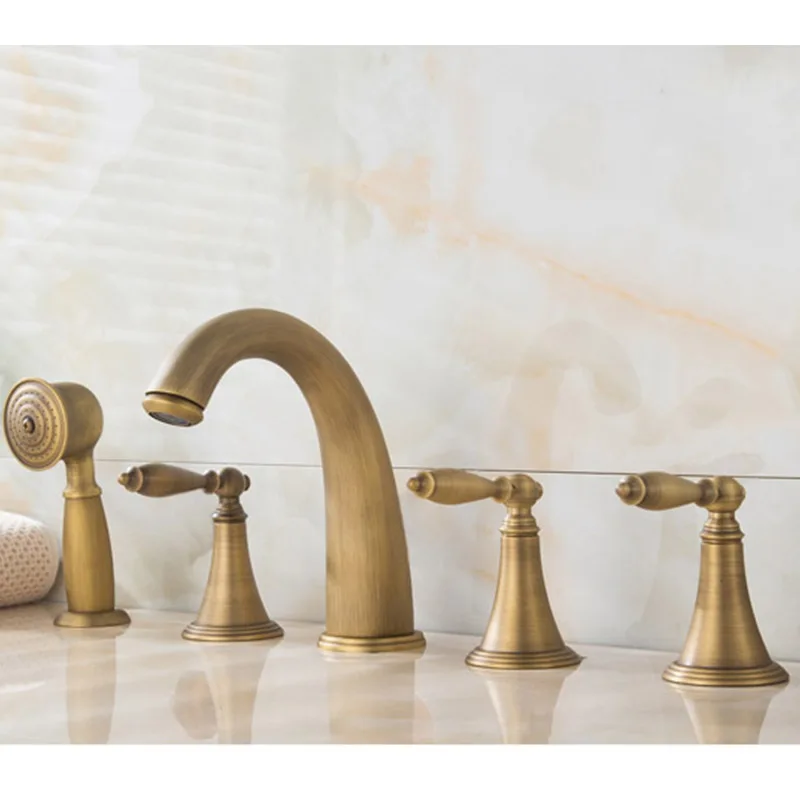 Classic Antique Bronze 5 Hole Roman Tub Faucet with Hand Shower, Triple Cross Handles, 5 Pieces
