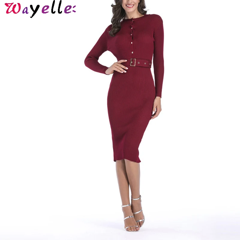 

Women Midi Sweater Dress Autumn Winter 2019 New Fashion Button Long Sleeve Pencil Dress Women Sexy Knitted Bodycon Dress Black