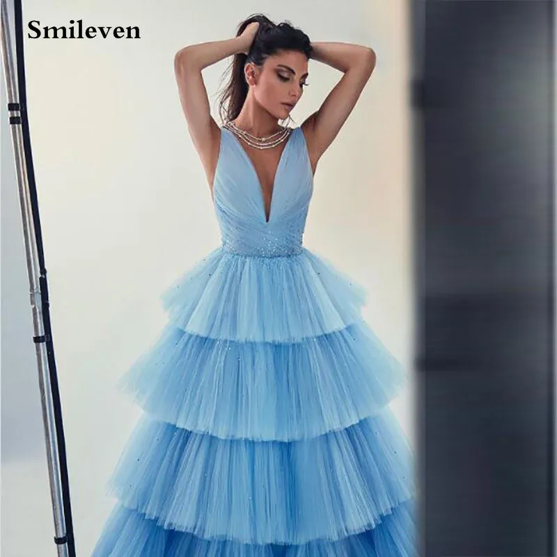 mermaid prom dresses Smileven Sky Blue Spaghetti Strap Prom Gown Tiered Sexy V  Neck Evening Dress Beaded Crystal Prom Party Dresses Custom Made prom gowns