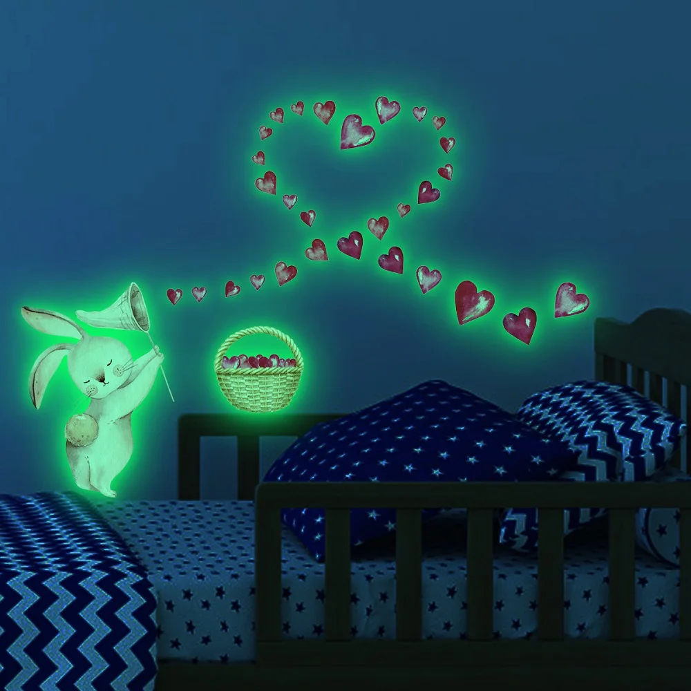 Glow In The Dark Stickers Wall Stickers Self Adhesive Wall Stickers Vinyl Stickers Vinyl Wall Stickers Self Adhesive Stickers Chalkboard Stickers Cartoon Pink Rabbit Luminous Stickers Fluorescent Heart Decals Glow In The Dark Wall Stickers For Kids Rooms Bedroom Home Decor