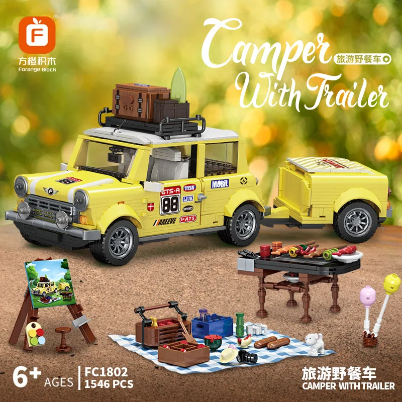 

Creative Expert Tourist Dining Car Camper Van With Camping Trailer Building Blocks Sets Kid Toys Xmas Gift