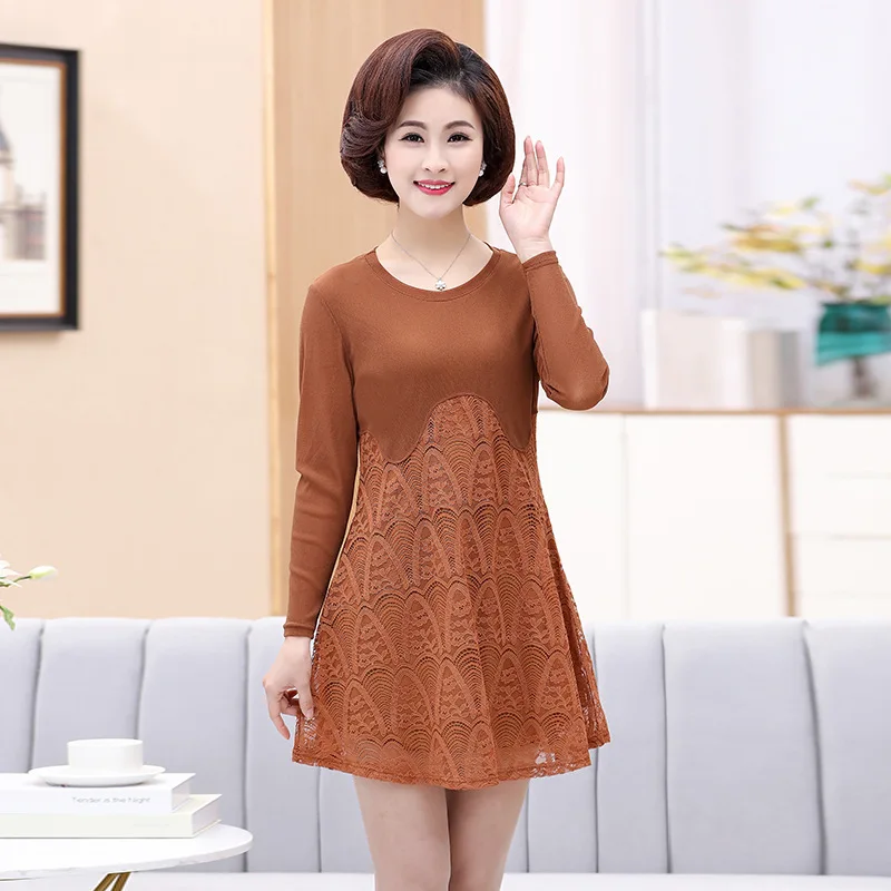 

2018 Autumn New Style Long-sleeved Dress Loose And Plus-sized Women's Dress Middle-aged Mom Mid-length Long Sleeve Base Shirt