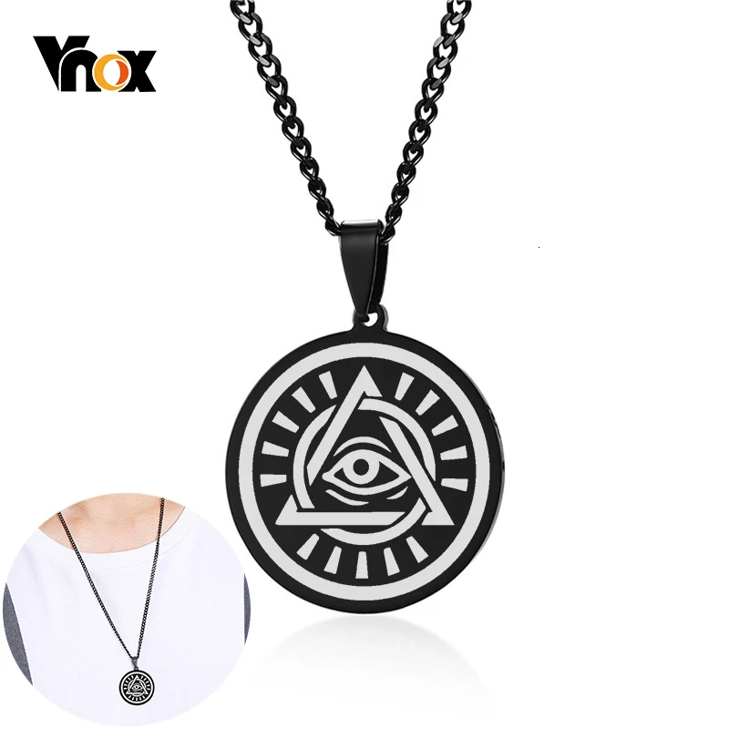 Мужские ожерелья с подвеской Vnox Eye of Providence черные из нержавеющей стали солнечным