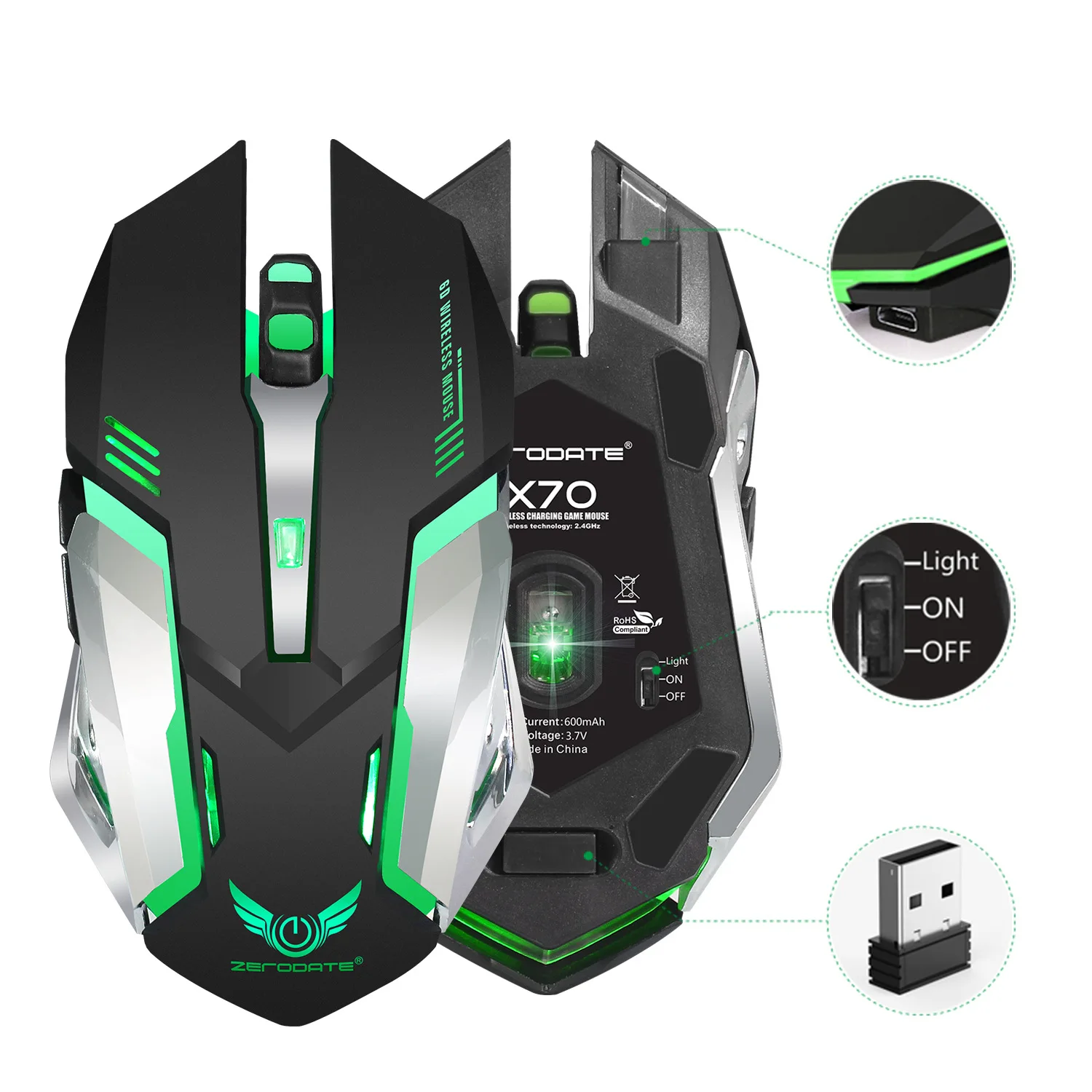 X70 красочная светящаяся игровая мышь 2,4G заряжаемая беспроводная мышь встроенный 600 Miliamps напрямую от производителя в настоящее время Av