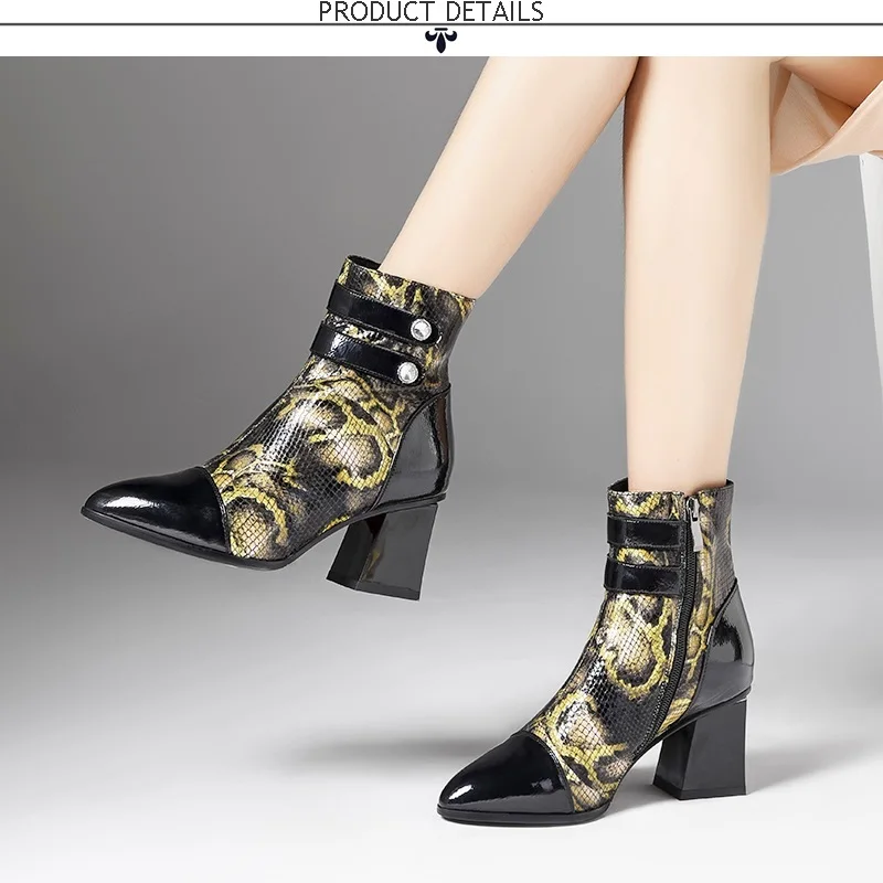 EGONERY/женские ботиночки; Зимние Теплые ботильоны; женская обувь из натуральной кожи на высоком каблуке с принтом; ботинки на молнии; большие размеры